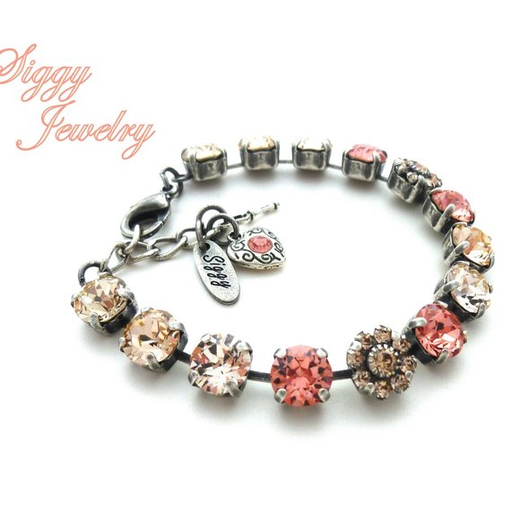 Austrian Crystal Tennis Bracelet with Flower Embellishments in Peachy Colors - Picture 3 of 8